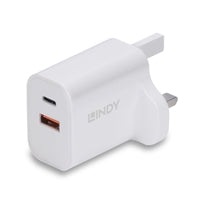 LINDY 30W Dual USB-C & USB-A PD 3.0 Wall Charger White UK LINDY 30W Dual USB-C & USB-A PD 3.0 Wall Charger White UK